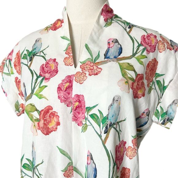 Brooke Wright Nancy Shift Mini Dress Floral Bird Print Cotton Linen Size XS - Picture 2 of 6
